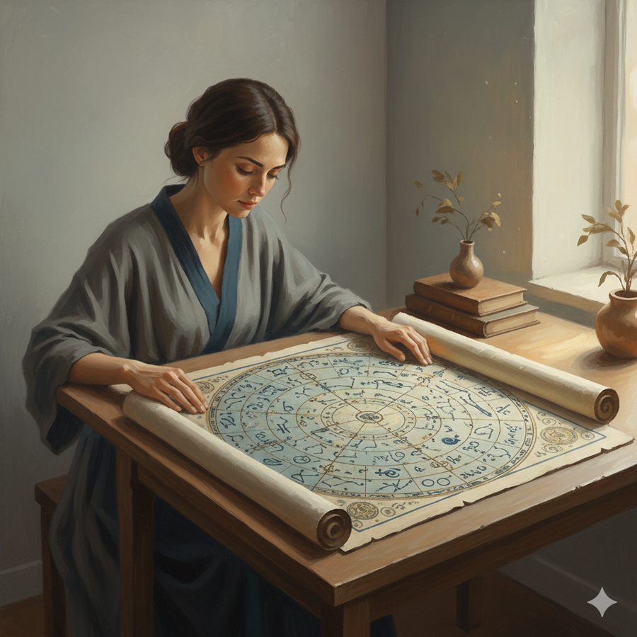 Человек рассматривает свою натальную карту в момент осознания, мягкий естественный свет