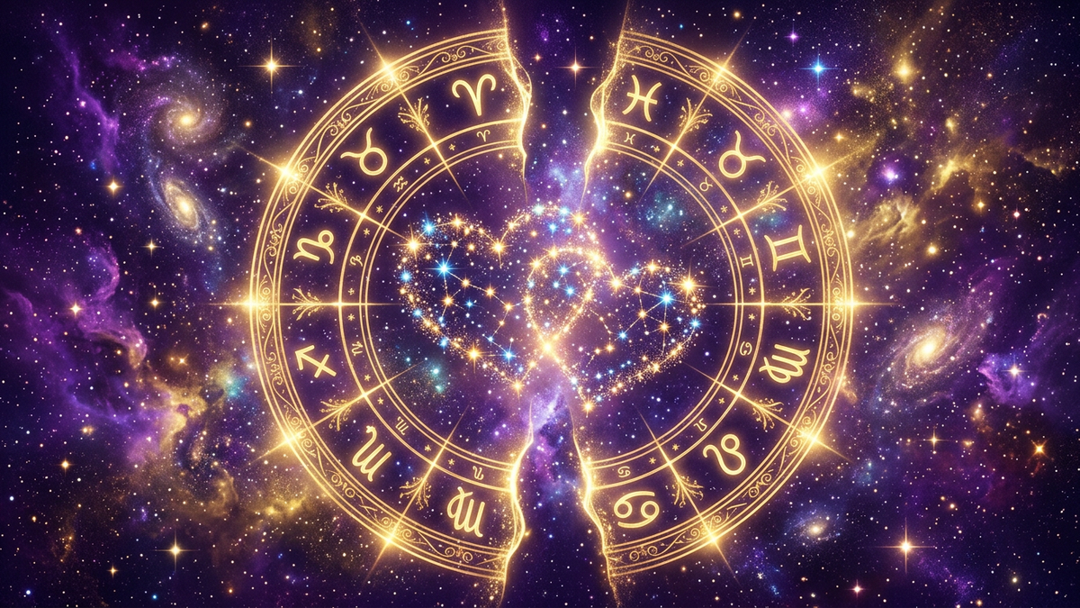 Stylized celestial portrait of a person standing under a starry sky with intertwined cosmic threads representing soulmate astrology by birthdate