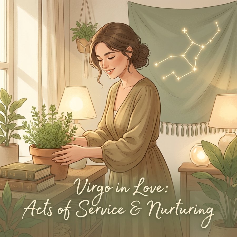 Virgo woman in love illustration showing nurturing and caring nature through acts of service