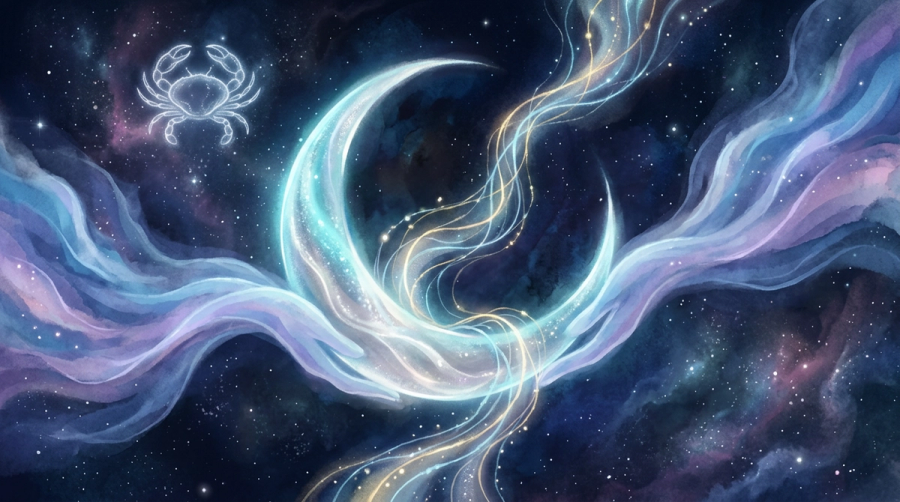 Crescent moon cradle threaded with generational starlight representing the lineage of the mother wound