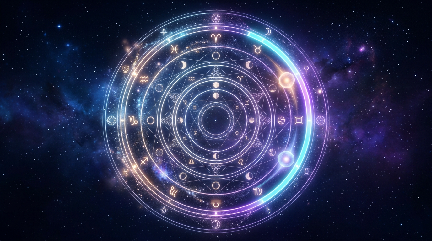 Cosmic celestial clock with converging orbs symbolizing when i am going to get married astrology and marriage timing