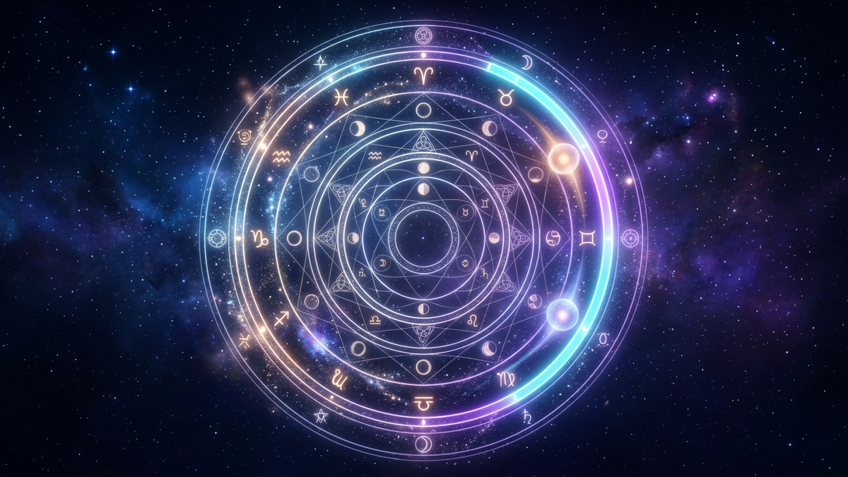 Cosmic celestial clock with converging orbs symbolizing when i am going to get married astrology and marriage timing