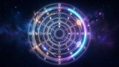 Cosmic celestial clock with converging orbs symbolizing when i am going to get married astrology and marriage timing
