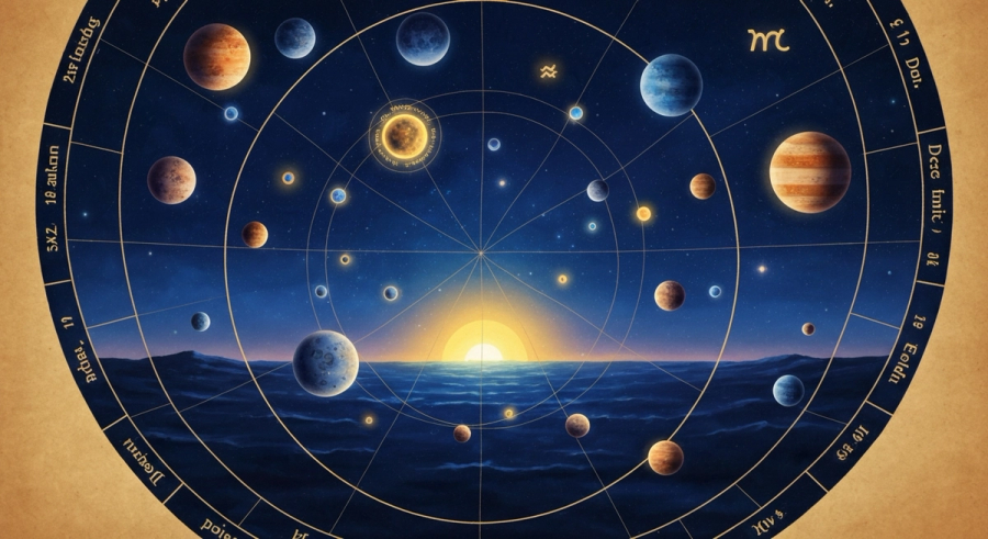 Astrological birth chart wheel with descendant angle highlighted on the western horizon