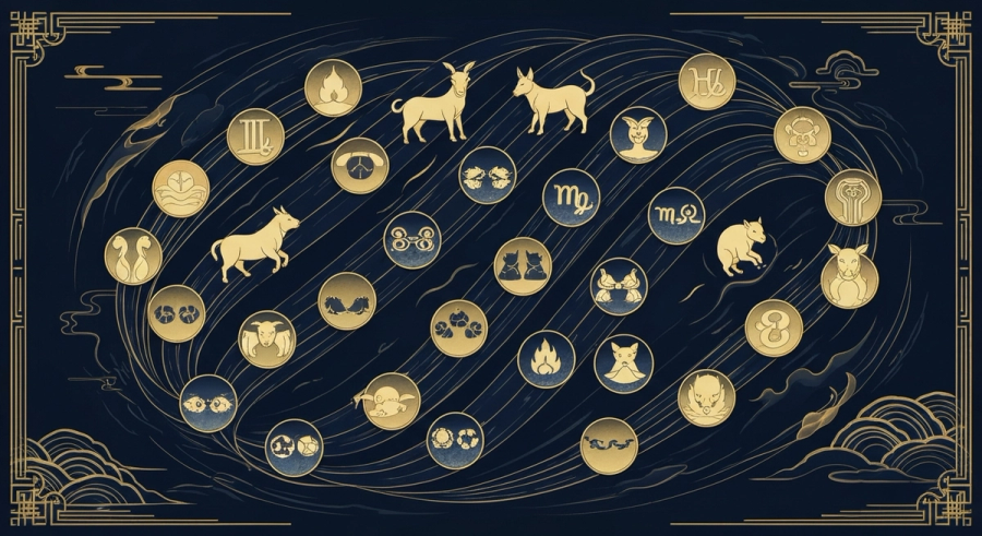 Стихии огонь вода дерево металл земля между символами восточного зодиака