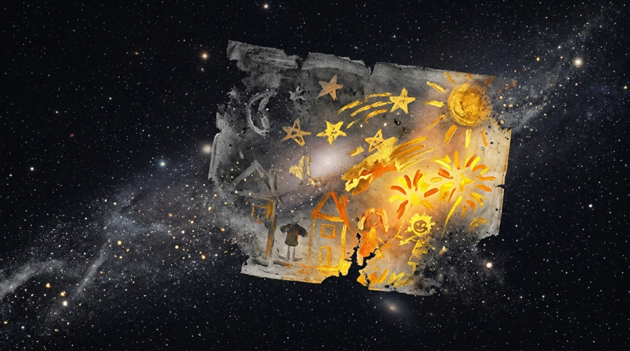 Fading painting in cosmic space representing lost creative innocence