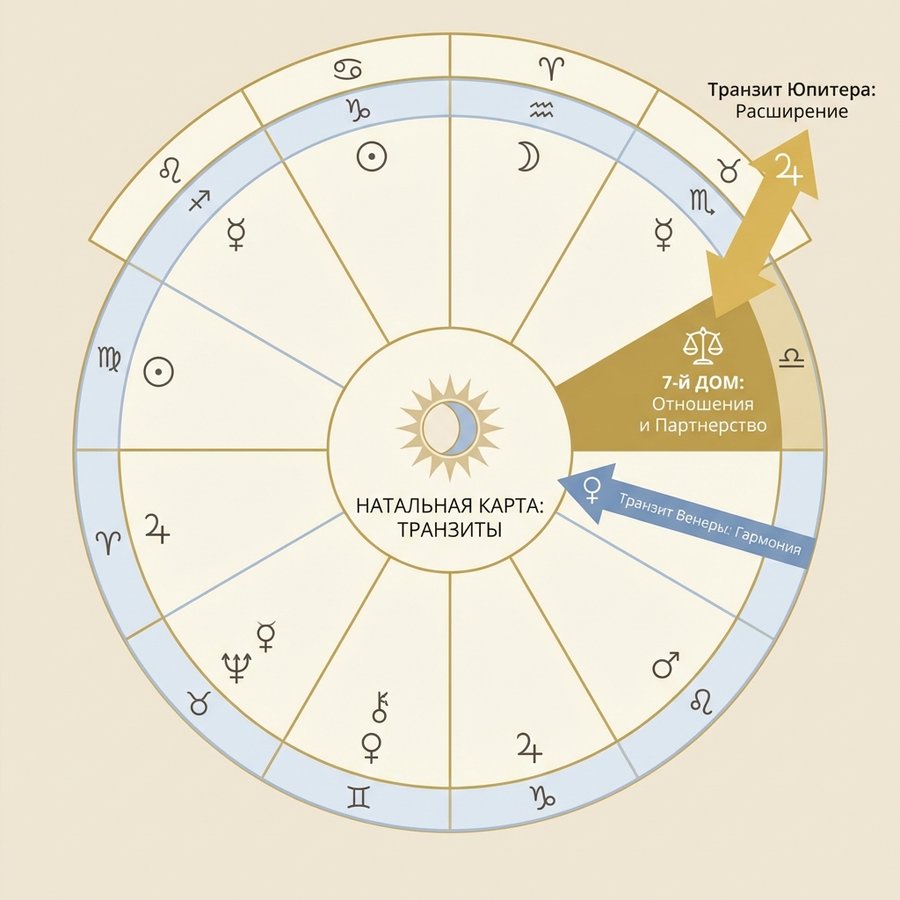 Схема натальной карты с 7-м домом и транзитами планет для определения времени брака