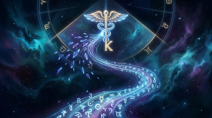 Mercury caduceus fused with Chiron key glyph in a cosmic 3rd house wedge with luminous symbols flowing outward representing finding your voice