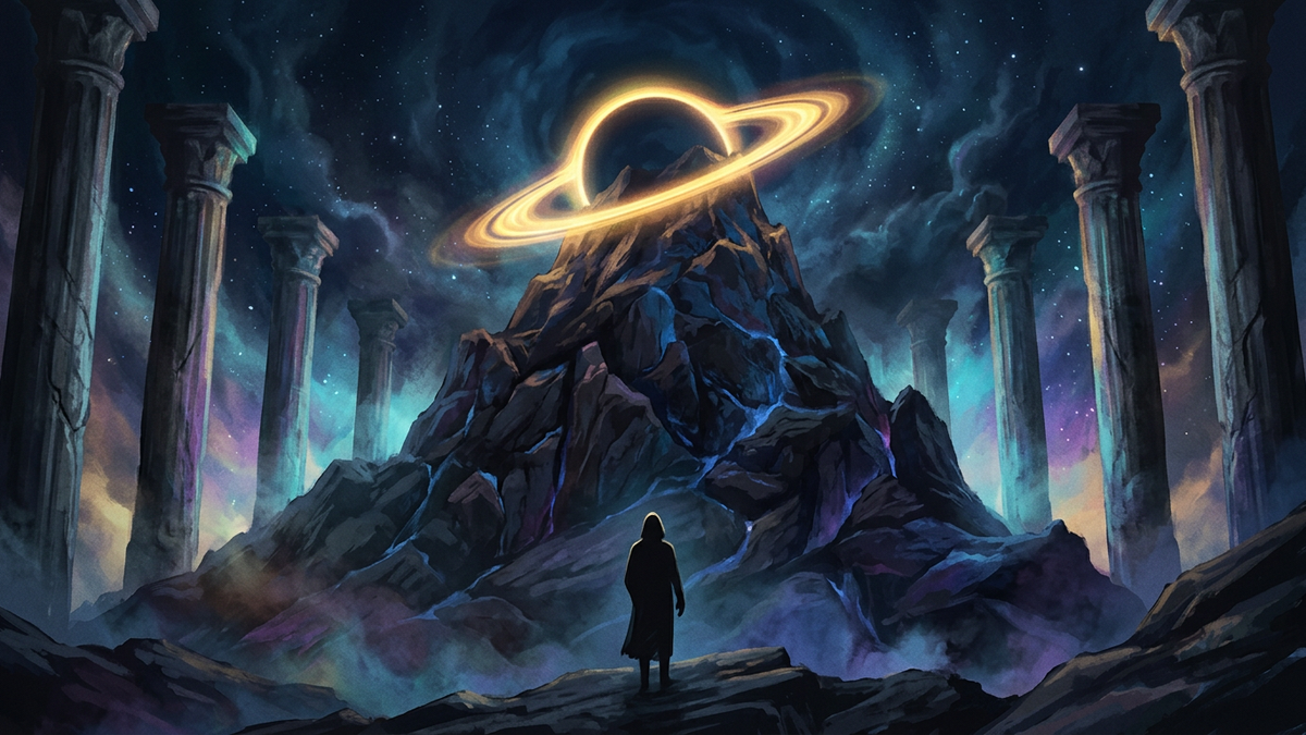 Lone silhouette before a cosmic mountain crowned with a Saturn ring representing chiron in 10th house career wound