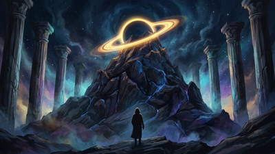 Lone silhouette before a cosmic mountain crowned with a Saturn ring representing chiron in 10th house career wound