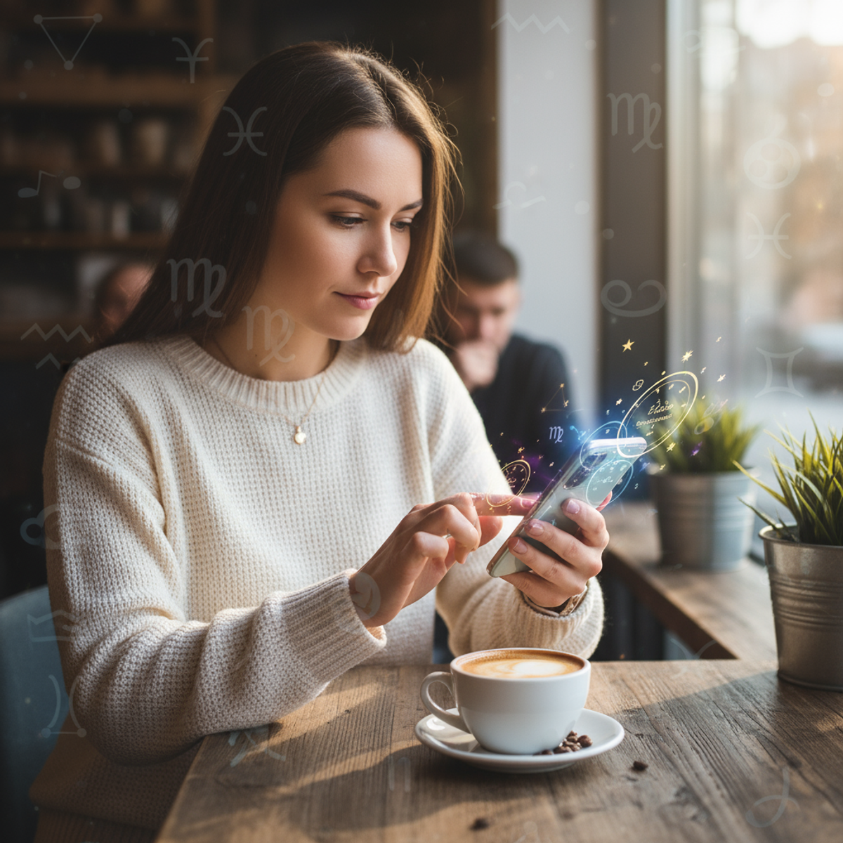 Woman reading horoscope on smartphone with coffee
