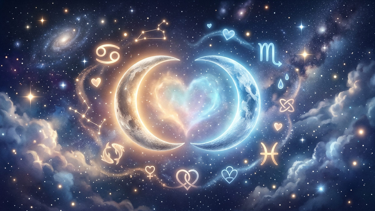 Moon sign compatibility hero image showing emotional connection between zodiac signs