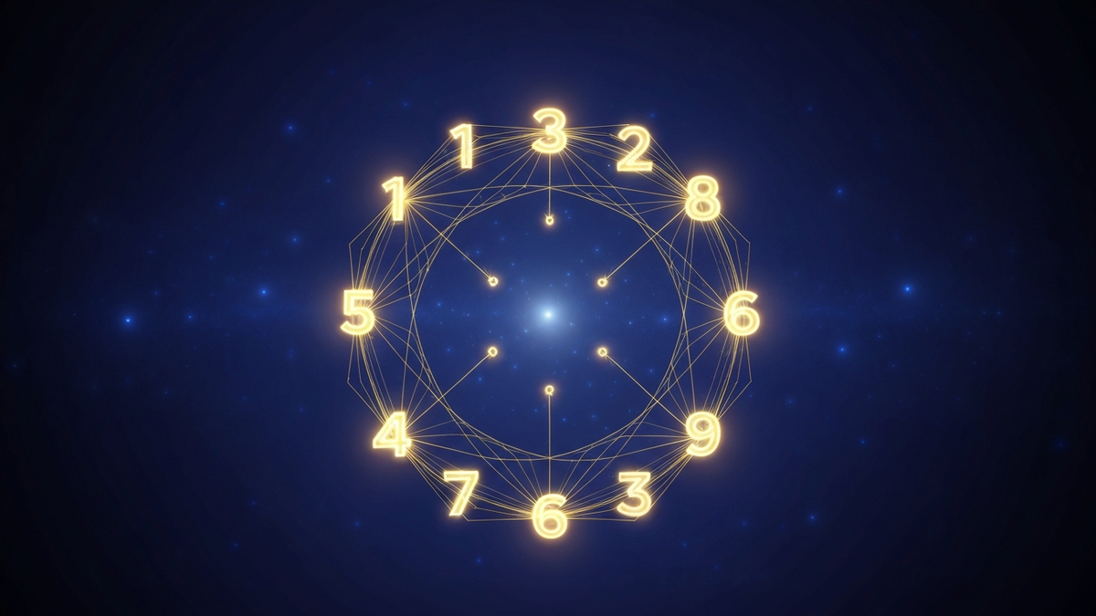 Совместимость чисел судьбы - числа 1-9 в космическом круге с золотыми линиями связи