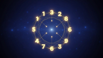 Совместимость чисел судьбы - числа 1-9 в космическом круге с золотыми линиями связи