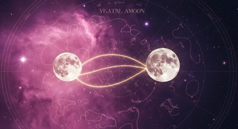 Венера и Луна соединены золотыми нитями на фоне натальной карты