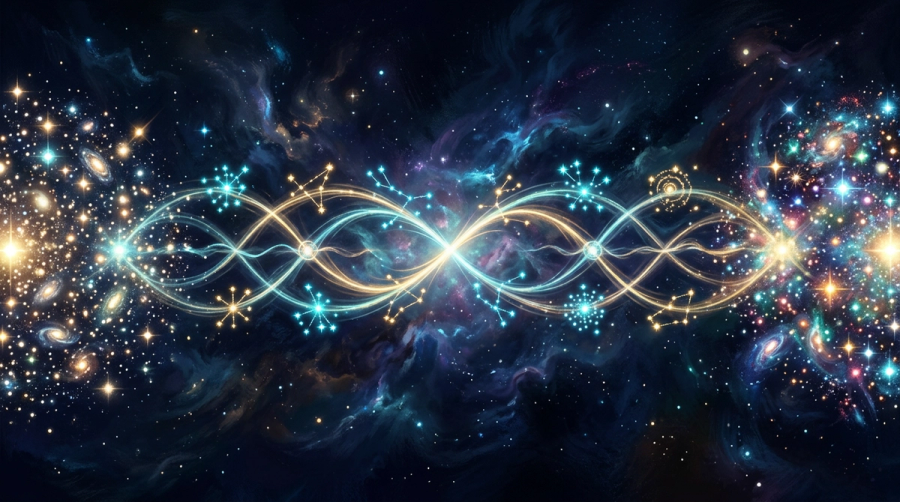 Cosmic timeline of two birth dates joined by nodal axis threads and nakshatra star points on a deep navy background