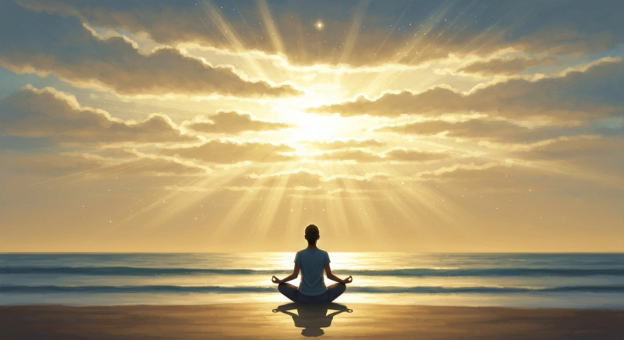 Человек медитирует на берегу океана на рассвете - путь к пониманию своей судьбы