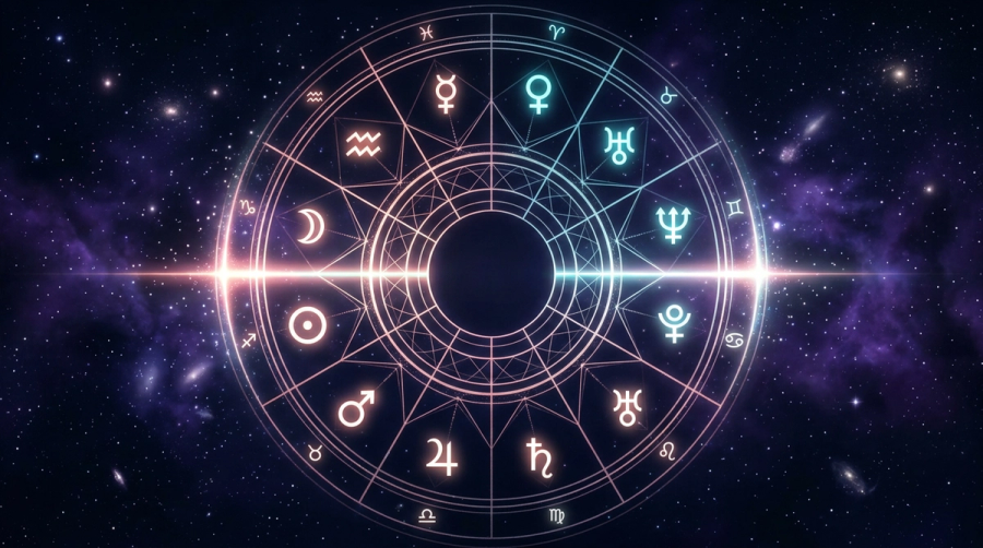 Detailed natal chart wheel with the seventh house cusp highlighted and zodiac signs glowing along the descendant axis