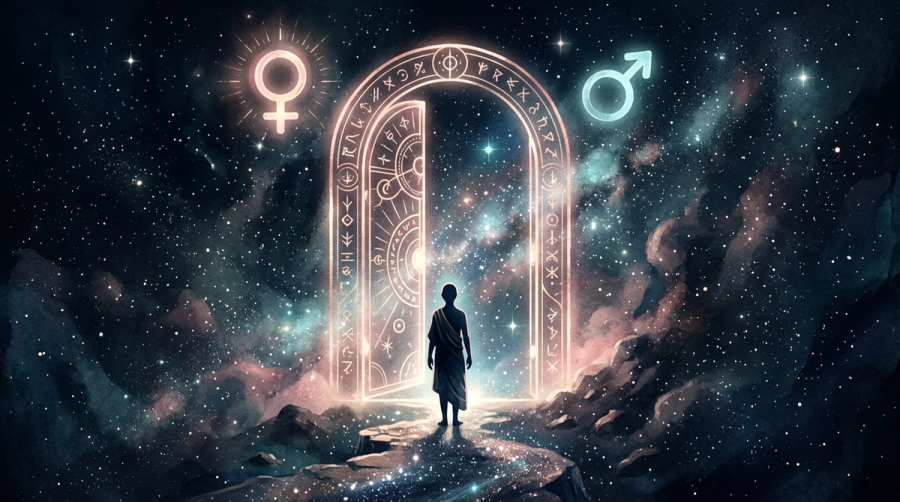 Single figure pausing at a celestial doorway with Venus and Mars symbols hovering as guides for love decisions