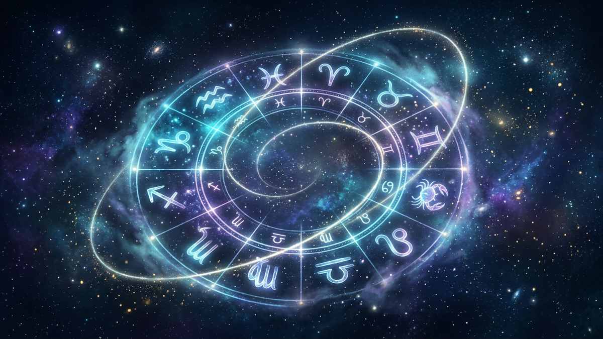 Glowing zodiac wheel and eccentric orbit in deep navy starfield representing chiron in zodiac signs and the wounded healer cycle