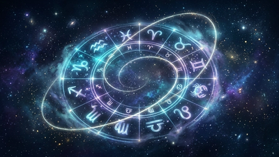 Glowing zodiac wheel and eccentric orbit in deep navy starfield representing chiron in zodiac signs and the wounded healer cycle