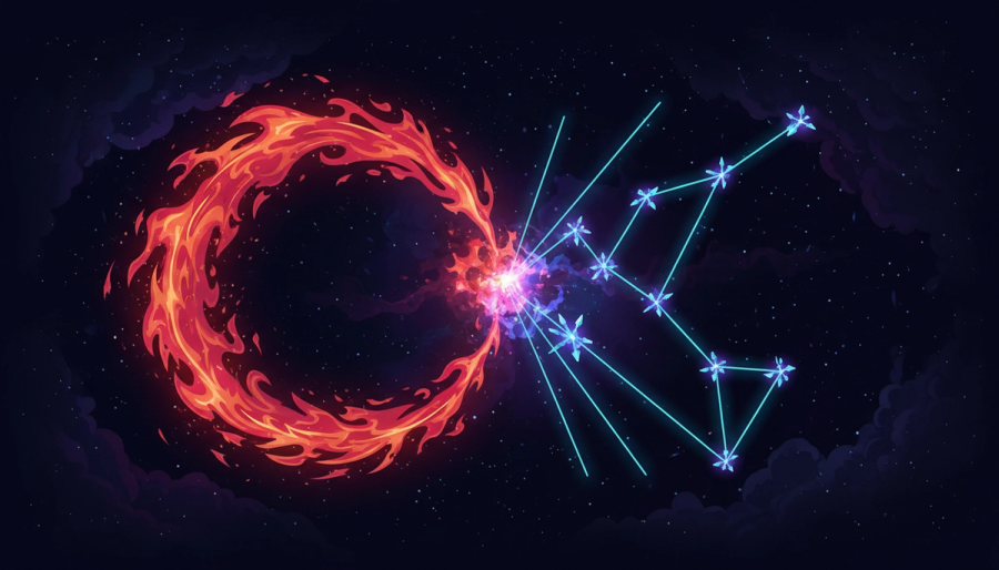 A warm red star and green star building a path through a cosmic garden