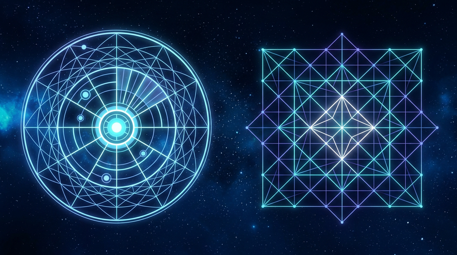 A circular Western astrology wheel beside a square Vedic North Indian chart grid showing two ways to map the sky