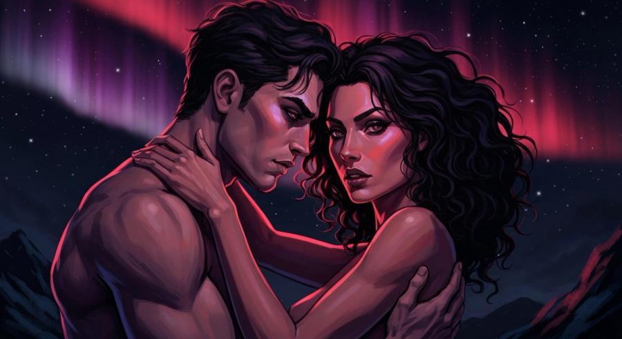 Scorpio couple in passionate embrace under dark starry sky with red aurora