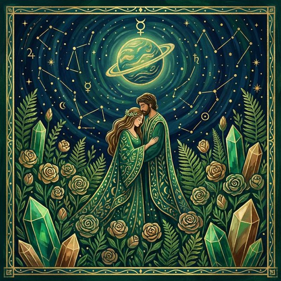 Taurus man in love illustration showing romantic couple embrace with Venus planet, roses, and earth crystals in cosmic garden setting