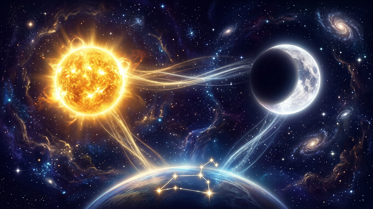 Sun Moon and Rising sign celestial bodies with constellation on the horizon representing the Big Three in astrology