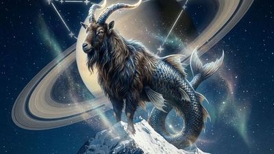 Capricorn sea-goat symbol in a cosmic mountain landscape with Saturn rings and constellation stars