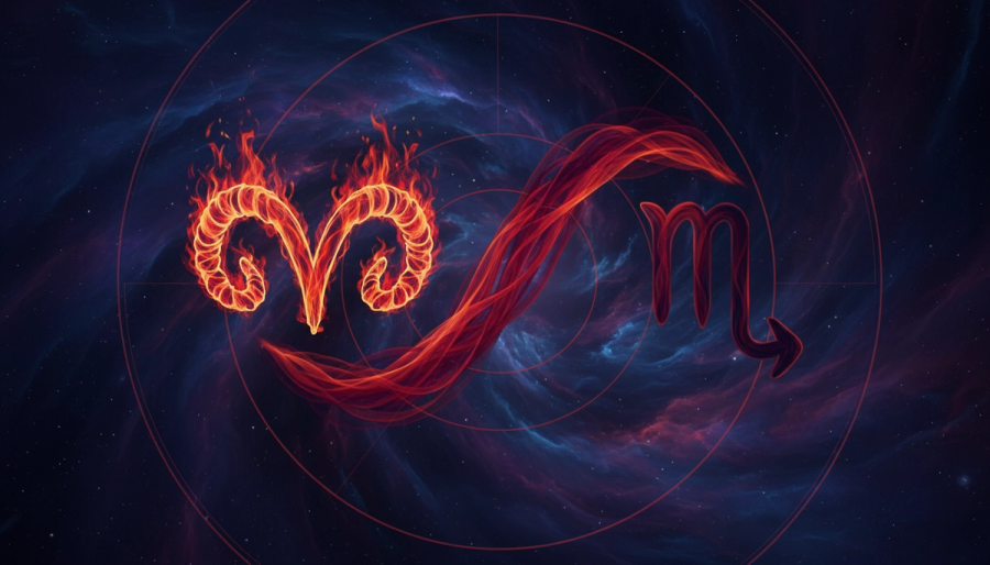 Aries and Scorpio symbols connected on an astrological wheel