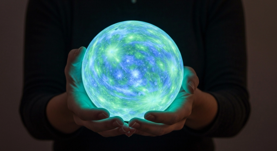 Руки держат светящуюся сферу с числовыми паттернами - ведическая нумерология и число судьбы