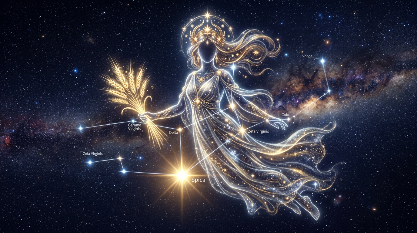Virgo constellation — the maiden goddess in the night sky with Spica star shining, mythology meets astrology