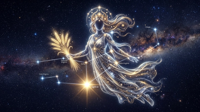 Virgo constellation — the maiden goddess in the night sky with Spica star shining, mythology meets astrology