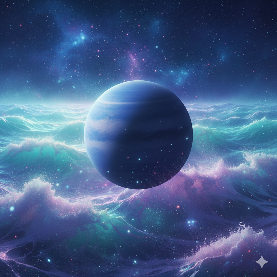 Mystical Neptune planet surrounded by ocean waves and cosmic energy representing Pisces ruling planet influence