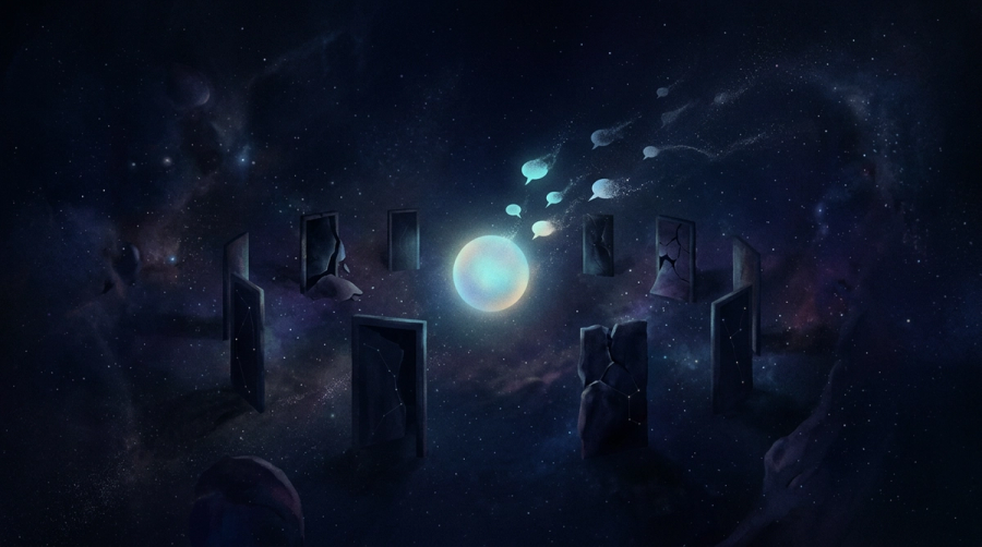 Lone luminous orb surrounded by closed cosmic doorways with speech-bubble silhouettes drifting into stardust representing communication anxiety