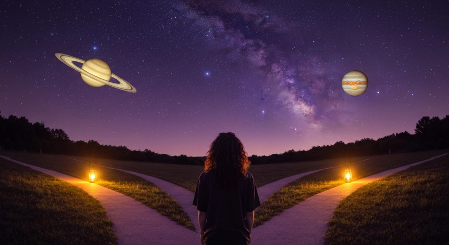 Person standing at crossroads under starry night sky with Saturn and Jupiter visible, lantern light
