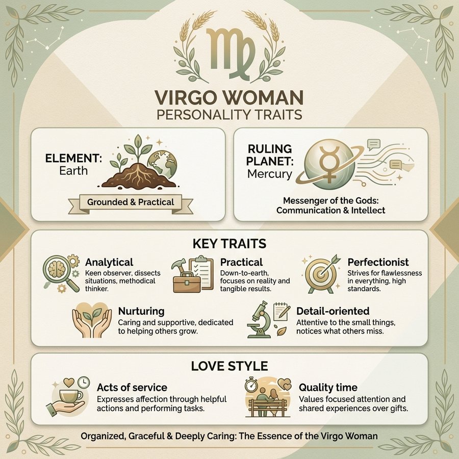 Virgo woman personality traits infographic showing element, ruling planet, key traits, and love style