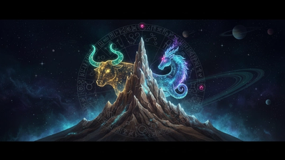 Taurus Capricorn compatibility shown as a luminous mountain home beneath a cosmic sky