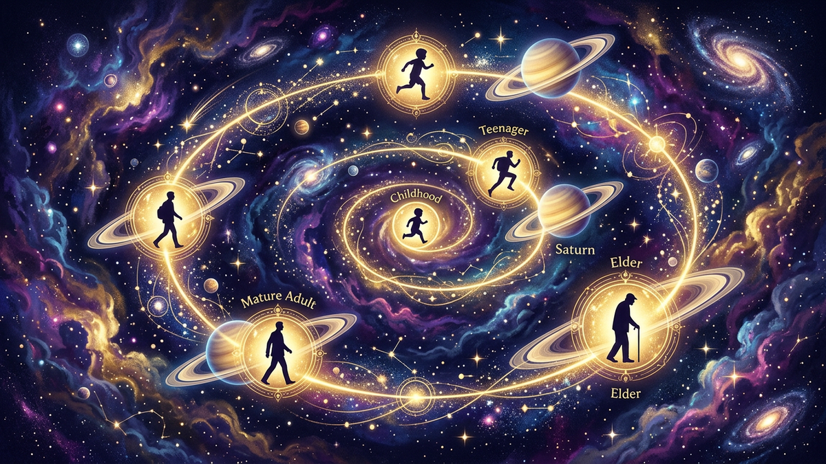 Cosmic spiral showing human life stages from childhood to elderhood with Saturn at key milestone ages