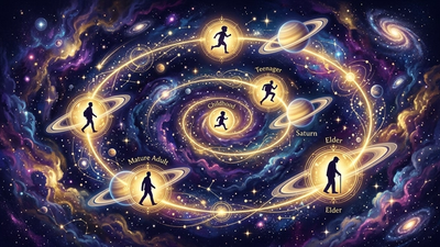 Cosmic spiral showing human life stages from childhood to elderhood with Saturn at key milestone ages