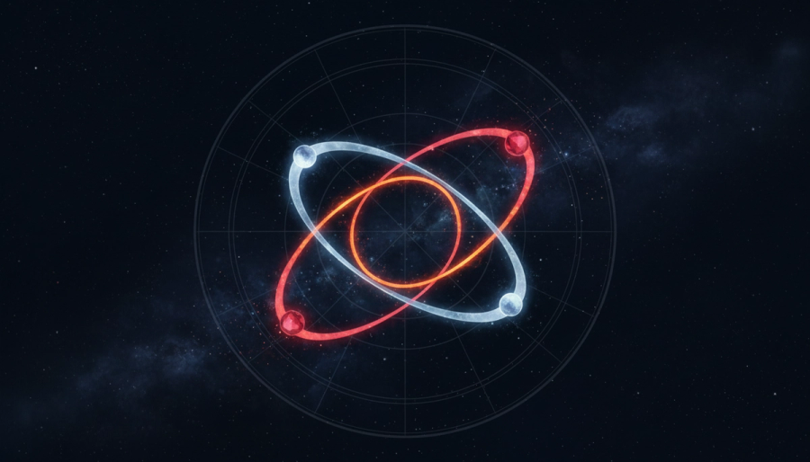 Overlapping natal charts with Mars and Moon orbit paths in space