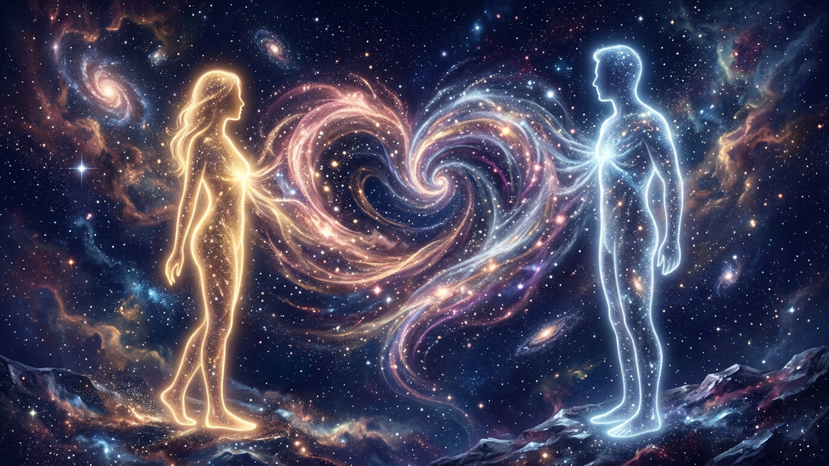 Twin flame calculator astrology - two ethereal silhouettes connected by cosmic energy and stardust