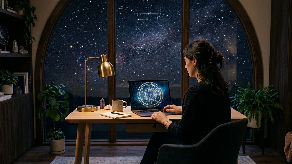 Person exploring astrology birth chart on laptop with starry night sky through window