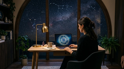 Person exploring astrology birth chart on laptop with starry night sky through window