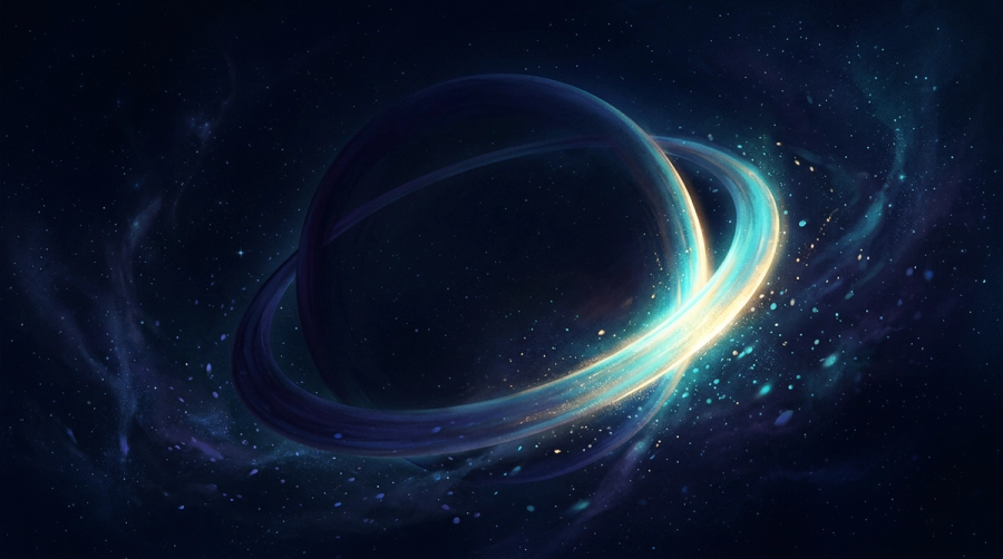 A glowing orbital ring with one bright arc segment symbolizing a marriage-timing window opening in dark space