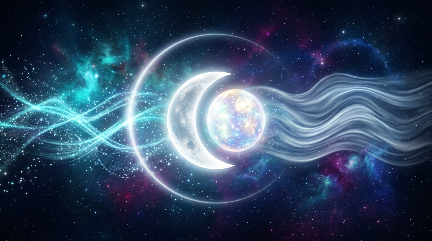 Gemini Cancer cusp symbol with a silver crescent moon merging into a glowing Mercury sphere over a deep navy cosmic sky