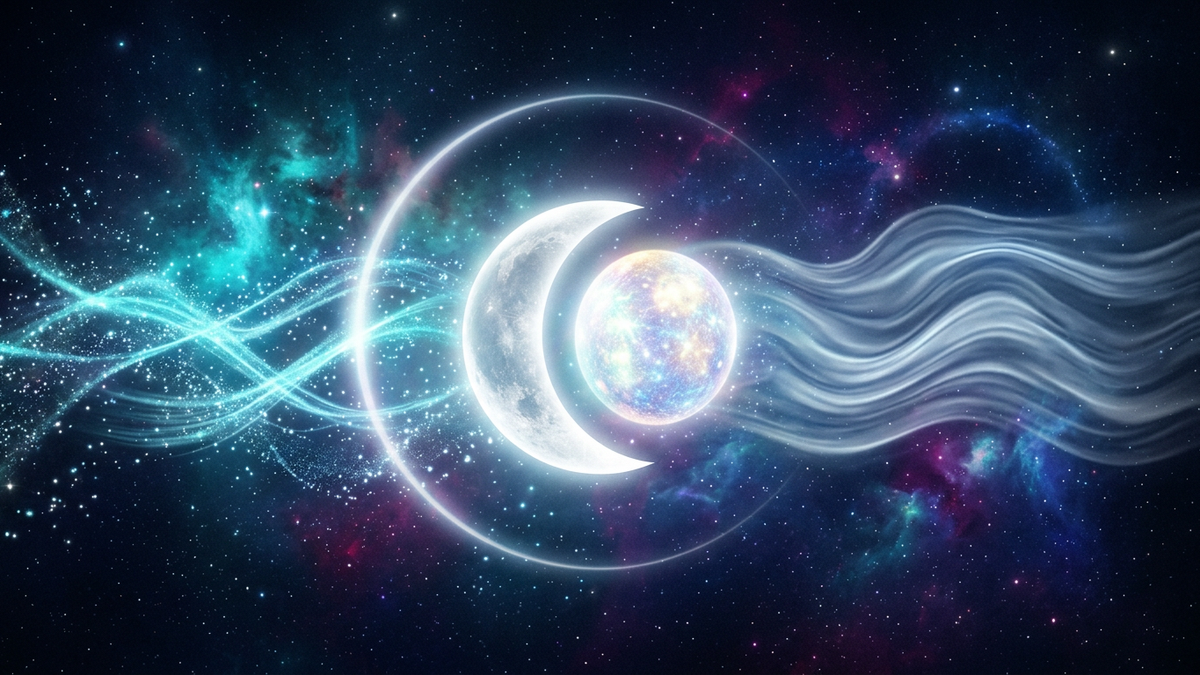 Gemini Cancer cusp symbol with a silver crescent moon merging into a glowing Mercury sphere over a deep navy cosmic sky