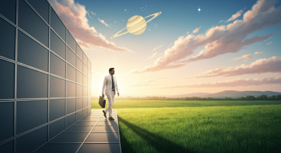 A person stepping out of a rigid office grid into an open landscape